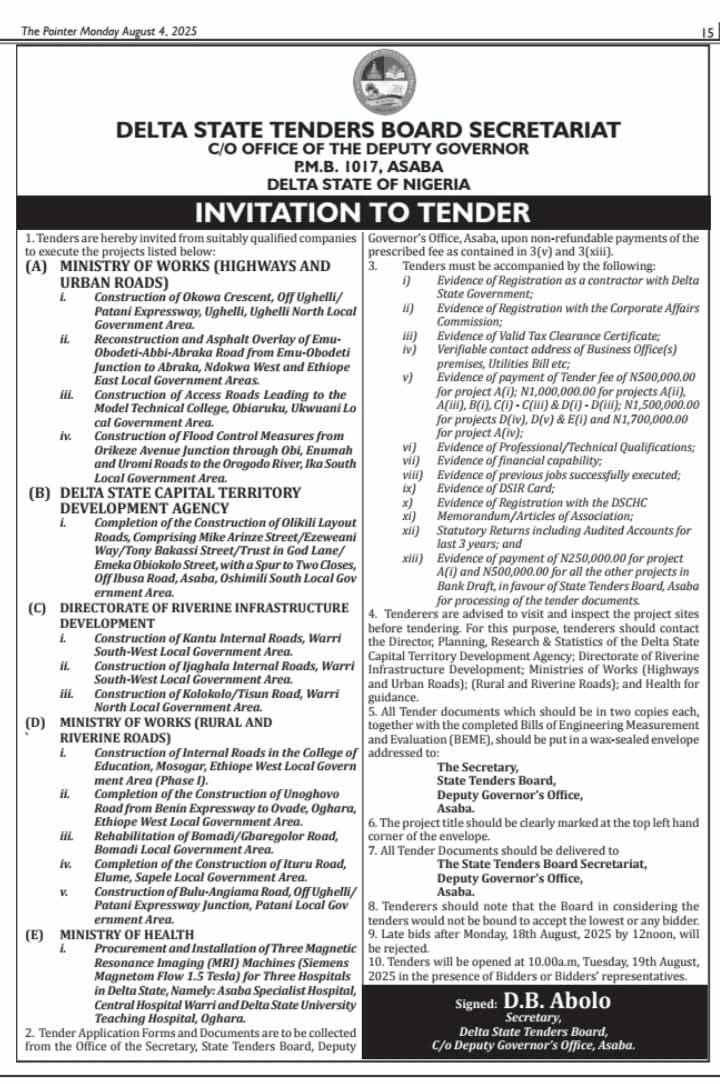 Delta Govt Opens Bids for Major Infrastructure, Health Projects